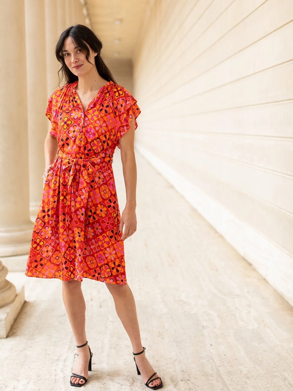 Bright Pink/Orange Floral Tie-Waist Lesley Evers Dress